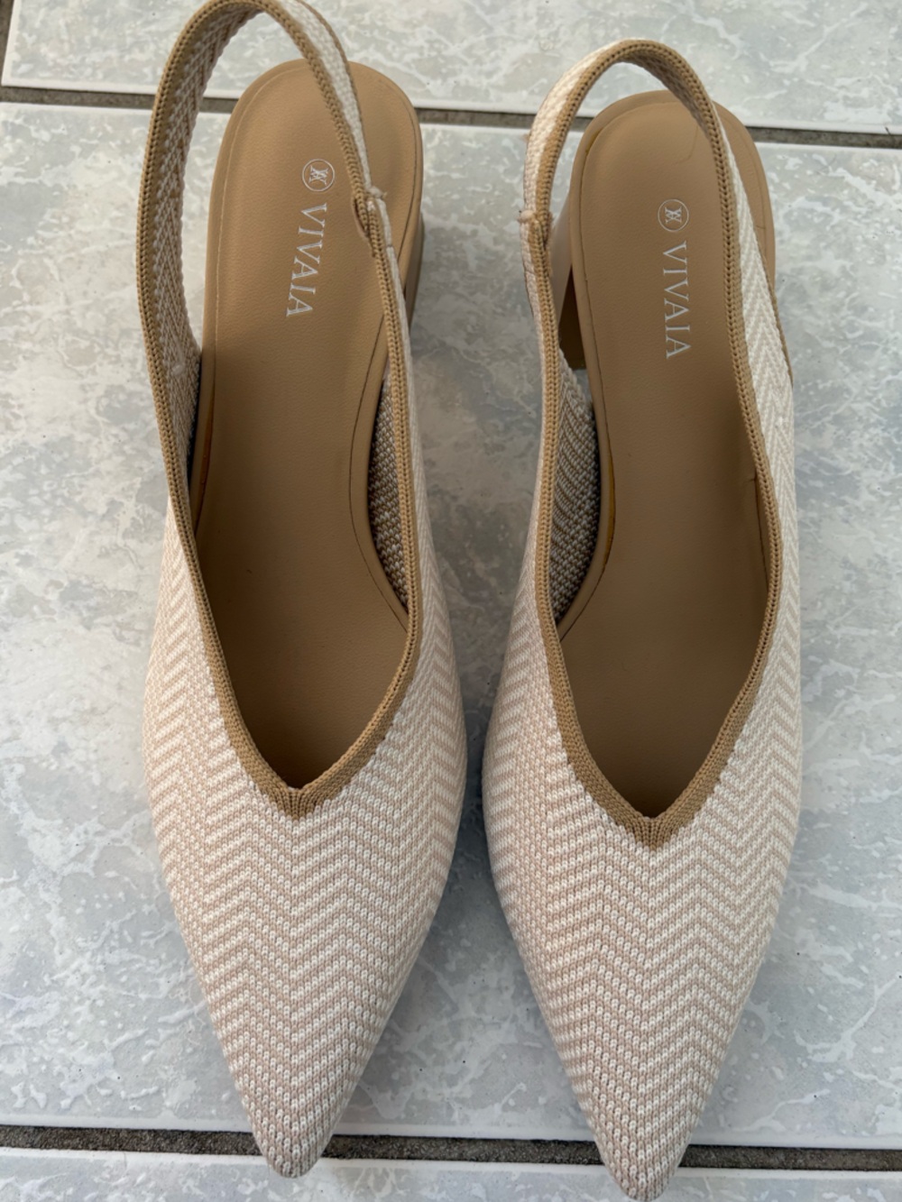Vivaia Ivory Chevron Pointed-Toe Slingback Pumps